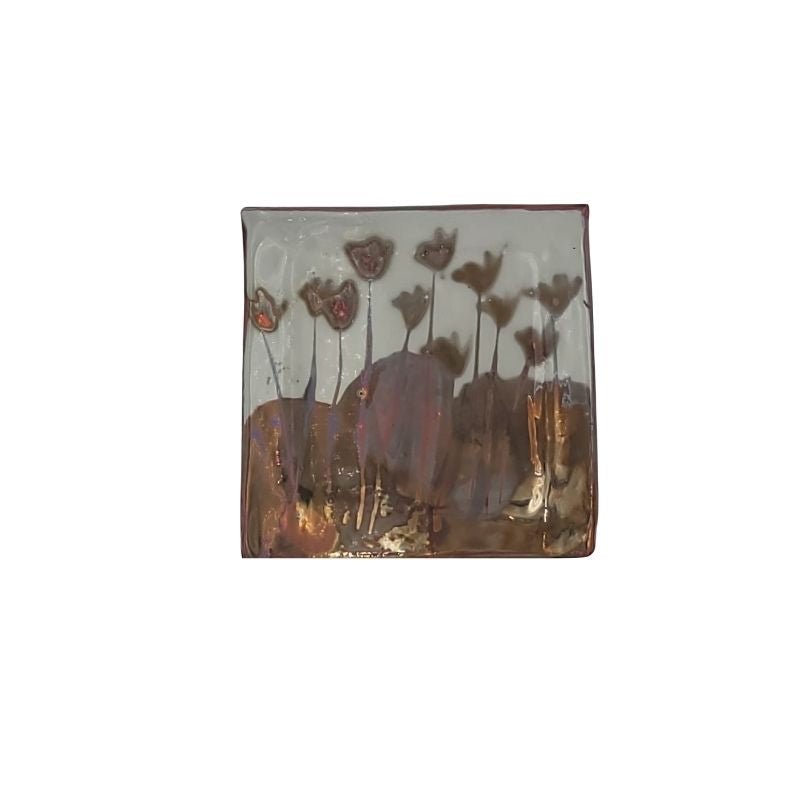 "Hand-painted trinket dish with abstract floral design in bronze, perfect for holding jewelry or small items"