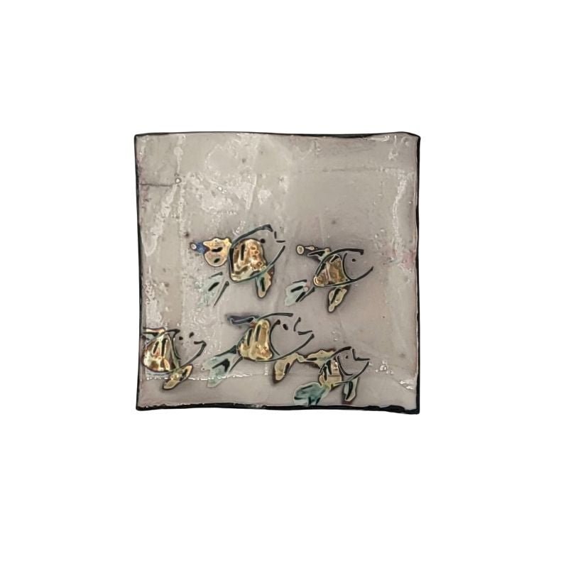"Hand-painted trinket dish with school of fish in gold, perfect for holding jewelry or small items"