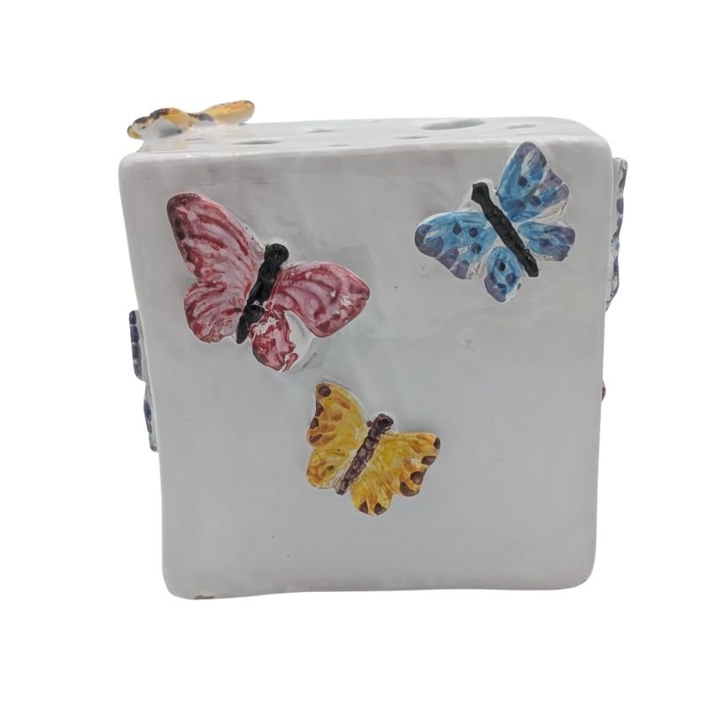 "Hand-painted ceramic tulipiere with colorful butterfly design – unique vase for floral displays and décor"