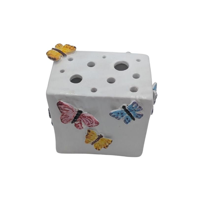 "Hand-painted ceramic tulipiere with colorful butterfly design – unique vase for floral displays and décor"