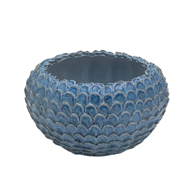 Large ceramic blue bowl with scallop pattern