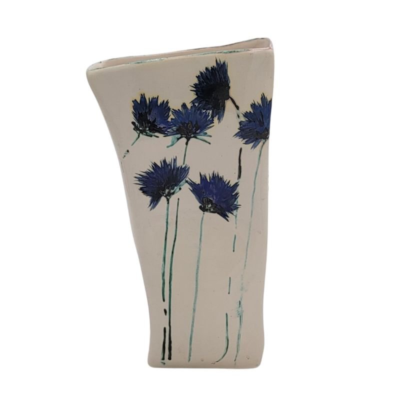 Rectangular ceramic vase with hand-painted iridescent blue flowers