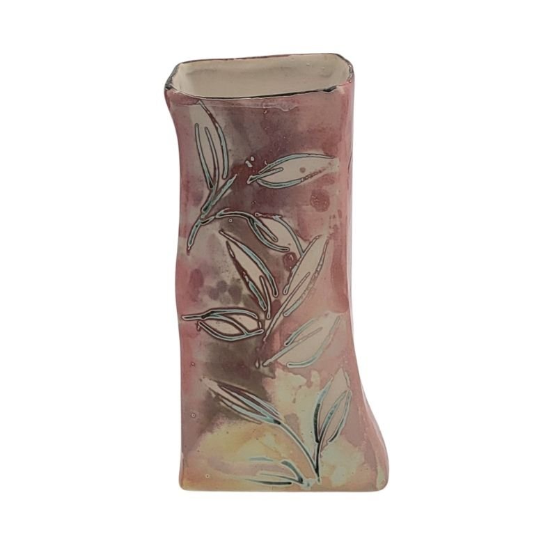 Rectangular ceramic vase with hand-painted iridescent leaves