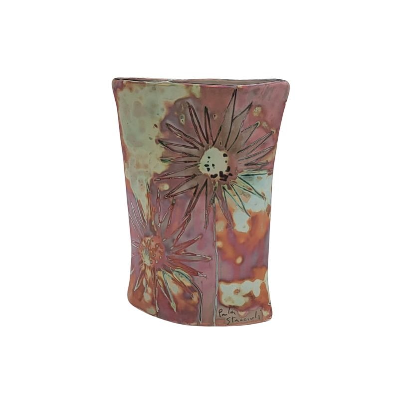 Ceramic vase with hand-painted iridescent sunburst design

