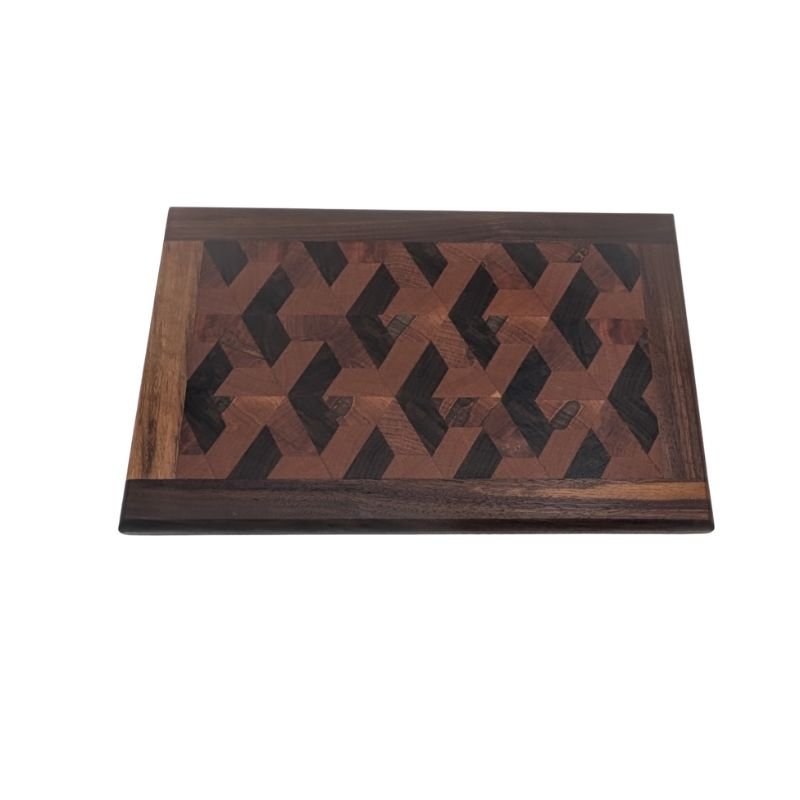 Handcrafted 3D end grain cutting board with cherry, spalted maple, and walnut, walnut border, artisan kitchenware.