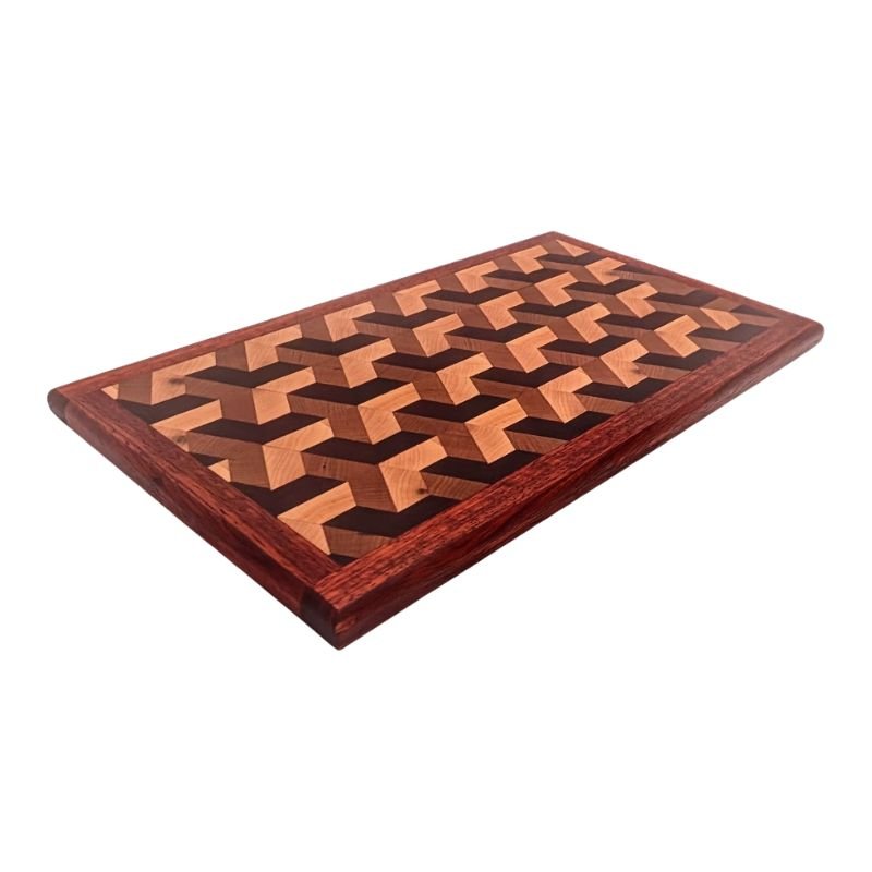Handcrafted 3D end grain cutting board made of Walnut, Maple, and Cherry with Walnut border – 14.5 x 10.25 x 0.875 inches"