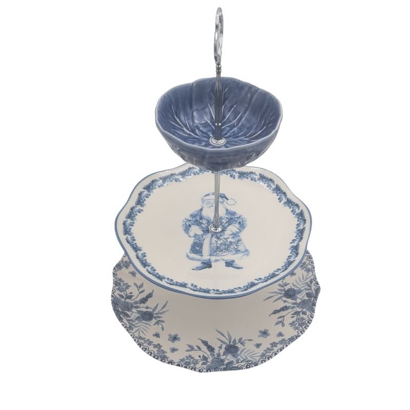 Three-tiered vintage china server with blue Santa and floral plates and blue bowl, handmade by Ardsley Barrett for holiday entertaining