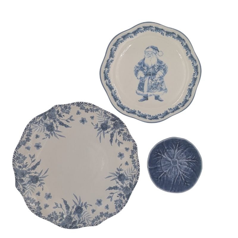 Three-tiered vintage china server with blue Santa and floral plates and blue bowl, handmade by Ardsley Barrett for holiday entertaining