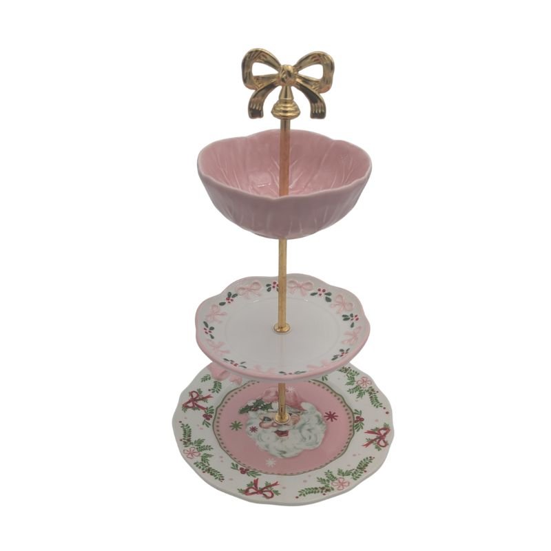 Three-tiered vintage china server with pink Santa, holly, and embossed pink plates with gold handle, handmade by Ardsley Barrett for holiday entertaining