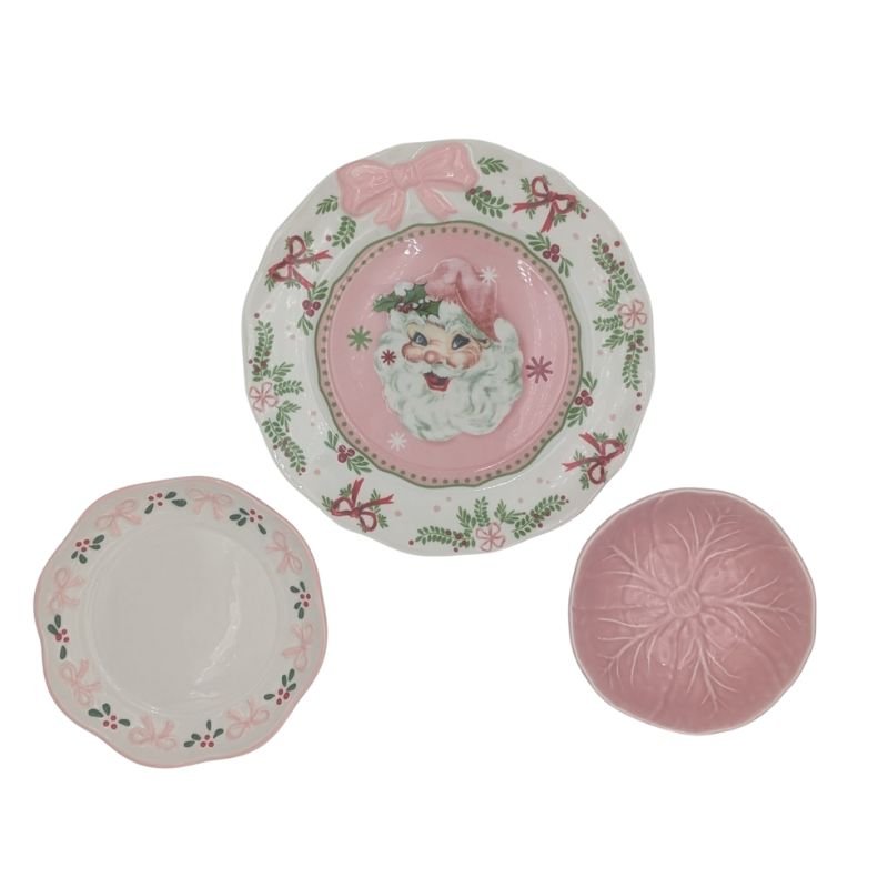 Three-tiered vintage china server with pink Santa, holly, and embossed pink plates with gold handle, handmade by Ardsley Barrett for holiday entertaining