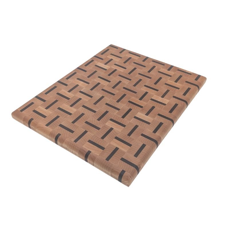 Maple and walnut end grain cutting board with a woven wood pattern, handcrafted and finished with a smooth, food-safe surface