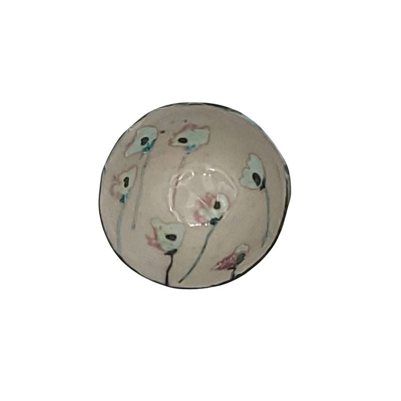 "Hand-painted iridescent bowl with abstract poppy design, perfect for holding small items or as a decorative accent"