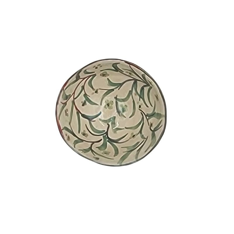 "Hand-painted iridescent bowl with small floral pattern, perfect for holding small items or as a decorative accent"