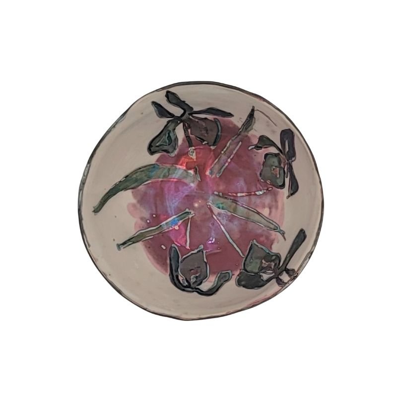 "Hand-painted iridescent ceramic bowl with iris flower design, decorative bowl for jewelry or small items"