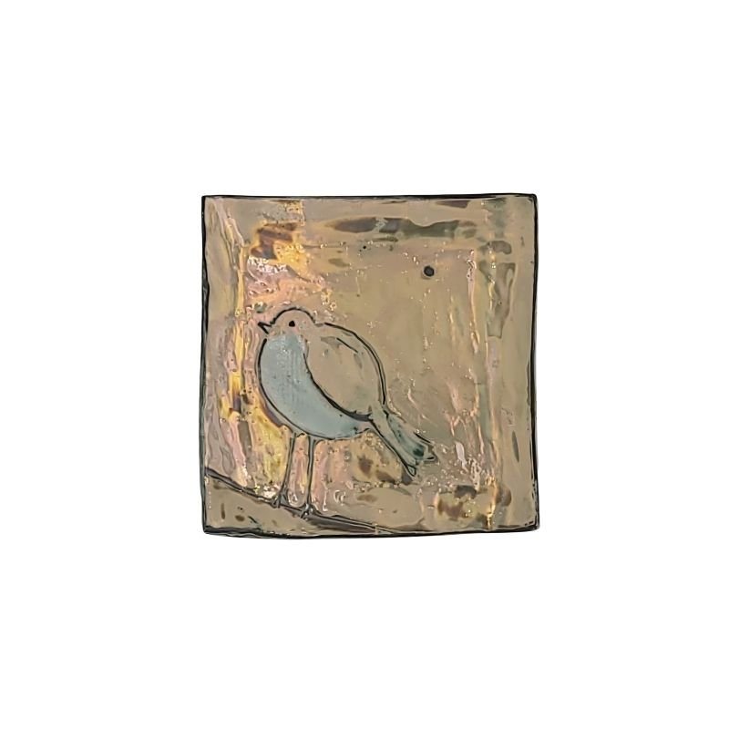 Hand-painted ceramic plate by Paola Staccioli with iridescent bird design, modern decorative plate for jewelry and keys"