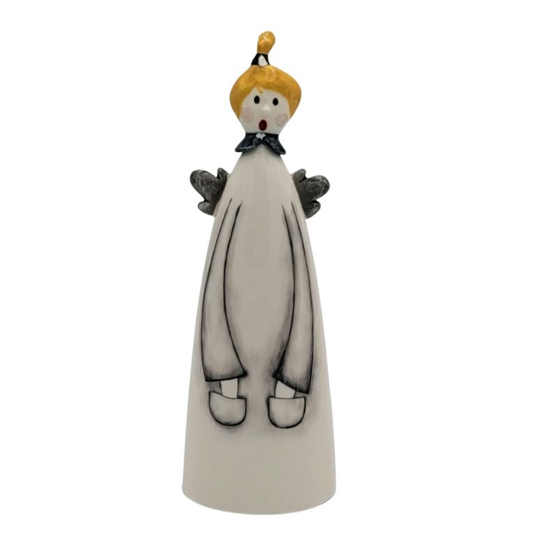 Large ceramic whimsical angel with a gold ponytail on the top of her head