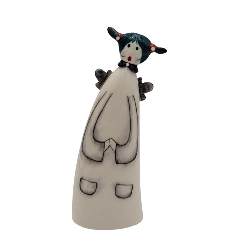 Large ceramic whimsical leaning angel with teal pigtails 