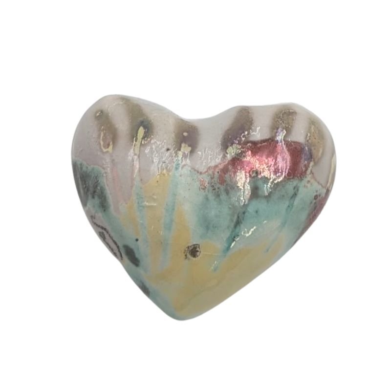 Ceramic heart with turquoise, gold, and red abstract pattern and iridescent glaze by Paola Staccioli.