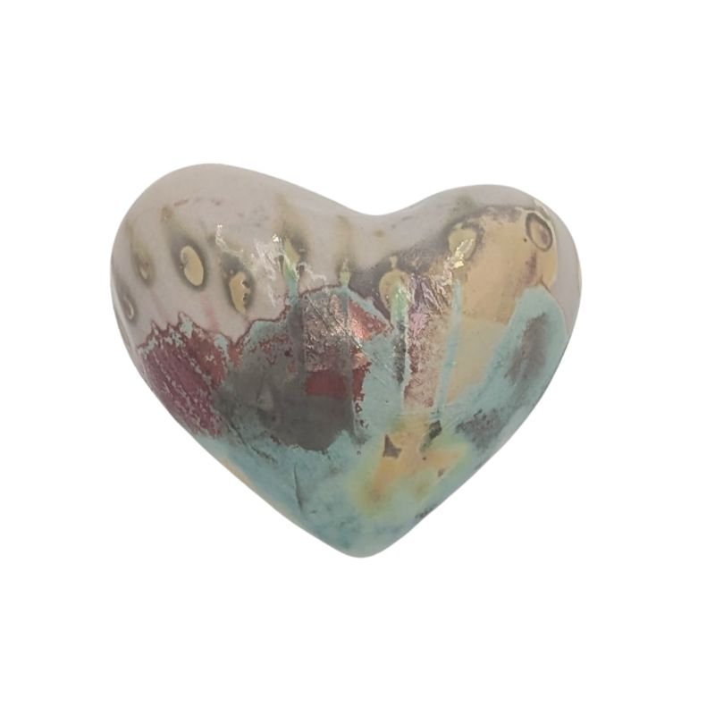 Ceramic heart with turquoise, gold, and red abstract pattern and iridescent glaze by Paola Staccioli.