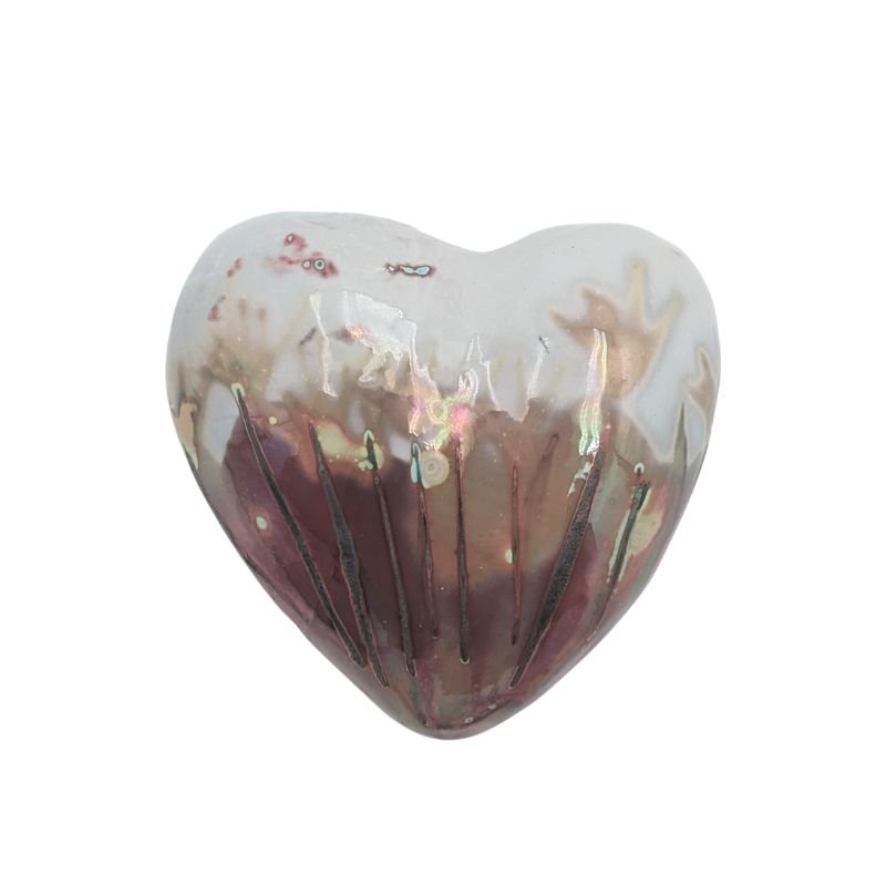 Ceramic heart with plum and gold iridescent glaze and fine linear detailing by Paola Staccioli.