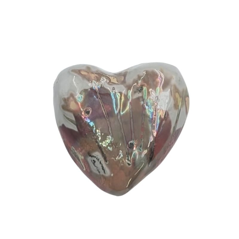 Ceramic heart with plum and gold iridescent glaze and fine linear detailing by Paola Staccioli.