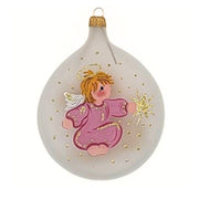 Baby's First Christmas Blown glass flat round ornament in translucent white with a pink angel and halo hand painted on it