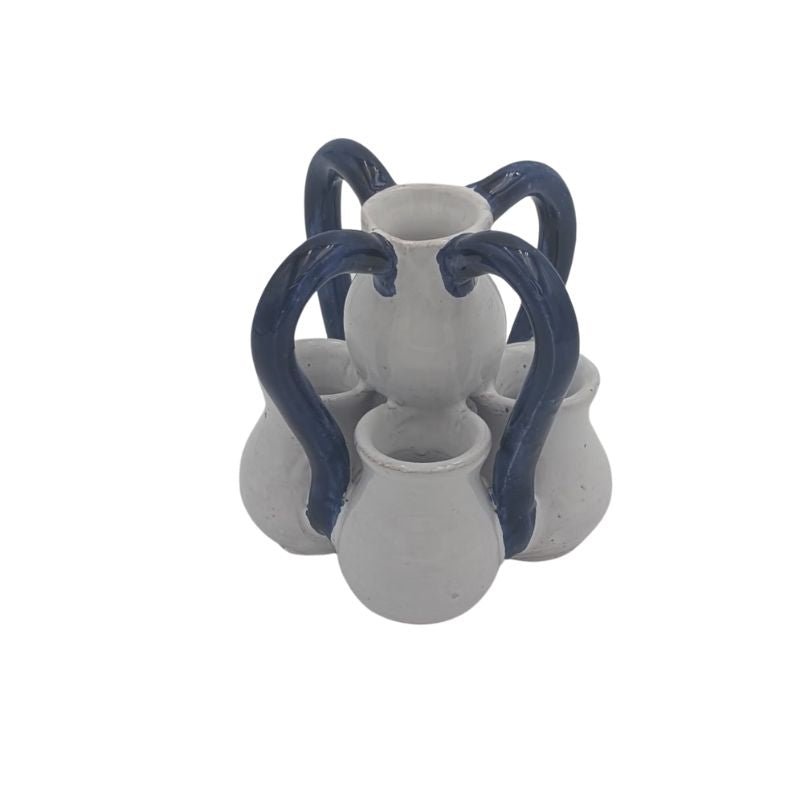 Handcrafted Italian ceramic tulipiere vase with blue handles and five vessels, artisan pottery.