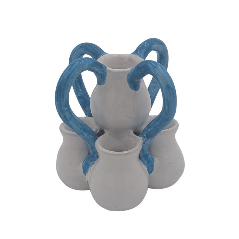 Handcrafted Italian ceramic tulipiere vase with turquoise handles and five vessels, artisan pottery.