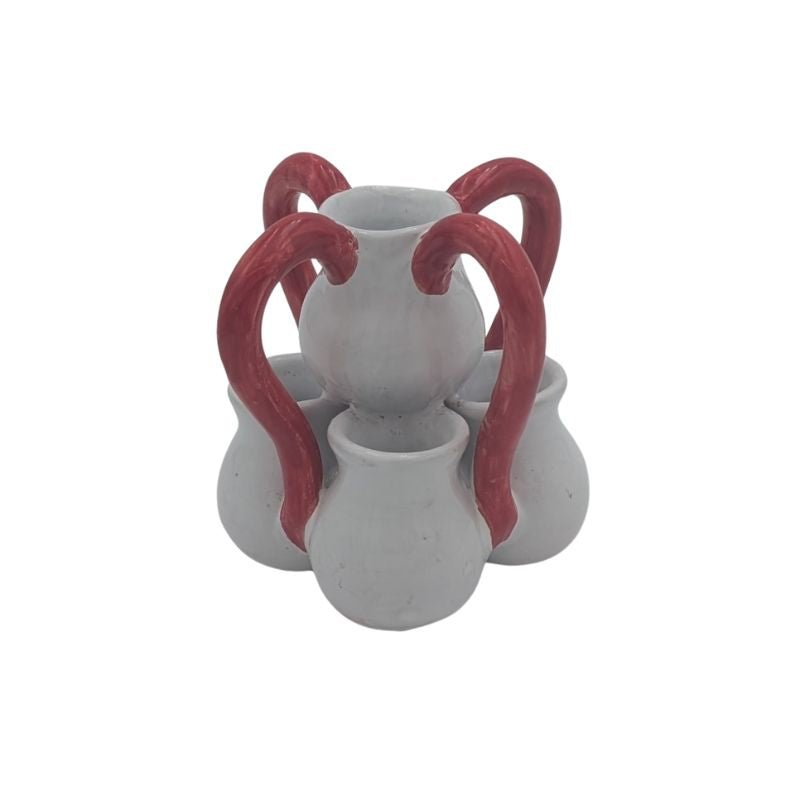 Handcrafted Italian ceramic tulipiere vase with red handles and five vessels, artisan pottery.