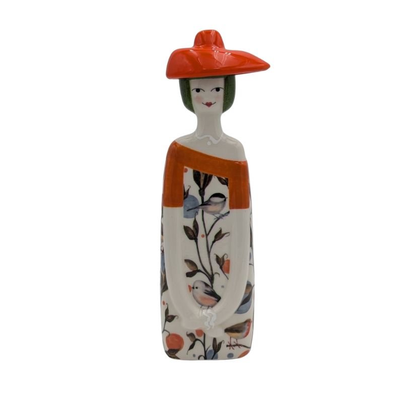 Handcrafted Italian ceramic figurine in bird pattern autumn dress with matching hat, whimsical shelf or tabletop décor