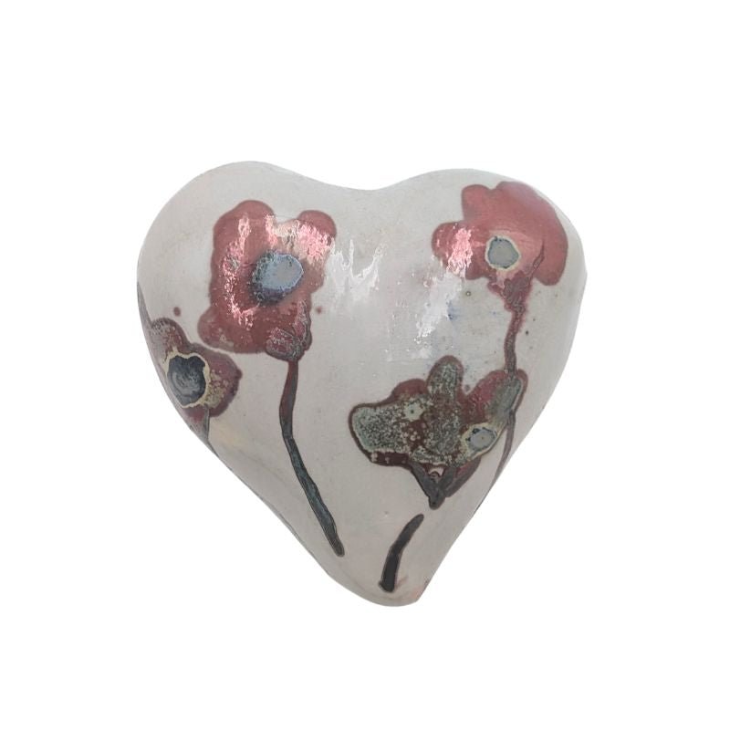 Ceramic heart with blush, sage, and deep rose floral design and iridescent glaze by Paola Staccioli.