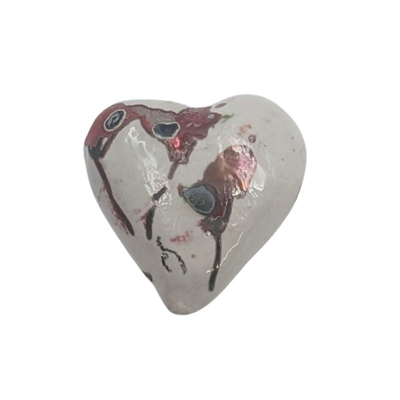 Ceramic heart with blush, sage, and deep rose floral design and iridescent glaze by Paola Staccioli.