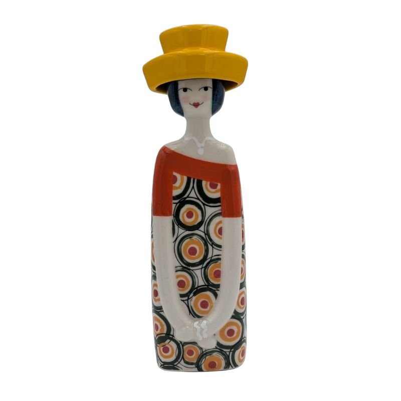 Handcrafted Italian ceramic figurine in geometric dress with bright hat, whimsical shelf or tabletop décor