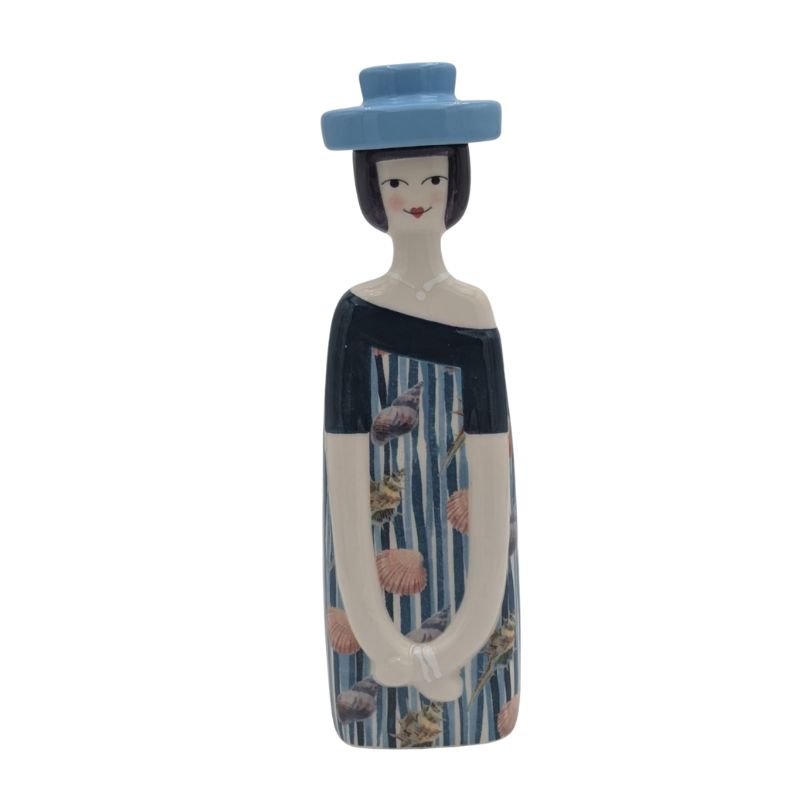 Handcrafted Italian ceramic figurine in nautical  patterned dress with blue hat, whimsical shelf or tabletop décor