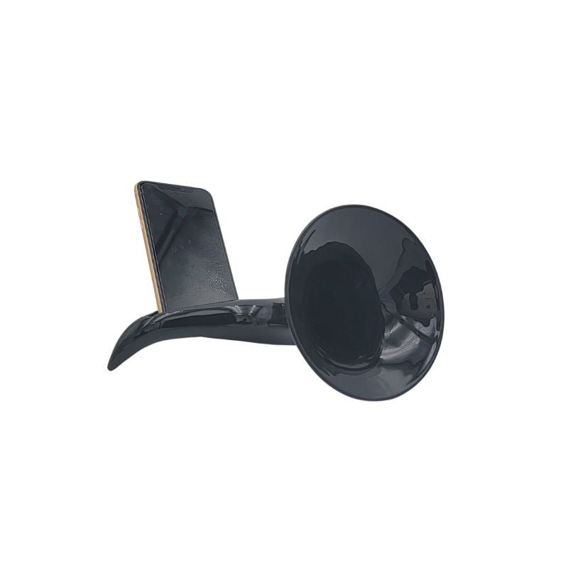 Glossy black amplifier for smartphones shaped like an old fashioned gramophone.