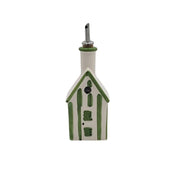 Ceramic olive oil dispenser shaped like a house with green hand-painted stripes and stainless steel spout