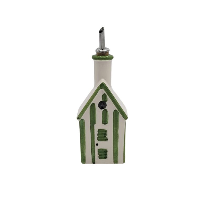 Hand-Painted Ceramic Olive Oil Dispenser – Green Striped House Design