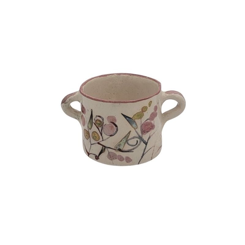 Hand-painted ceramic decorative vessel with floral design and handles – unique home accent"