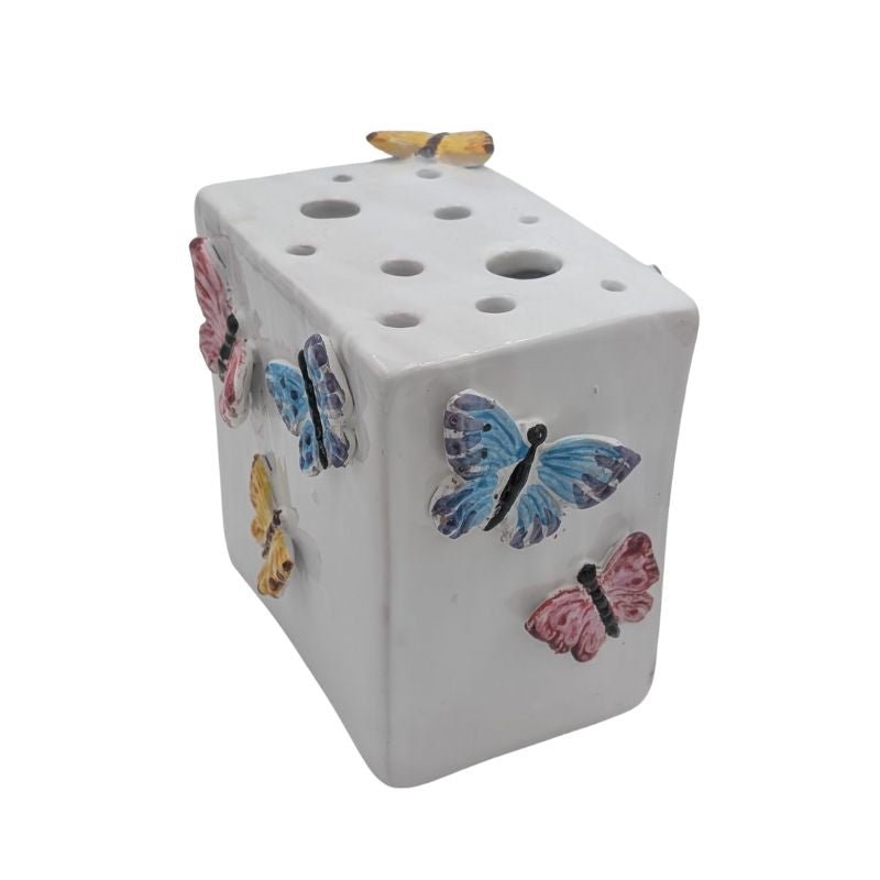 "Hand-painted ceramic tulipiere with colorful butterfly design – unique vase for floral displays and décor"