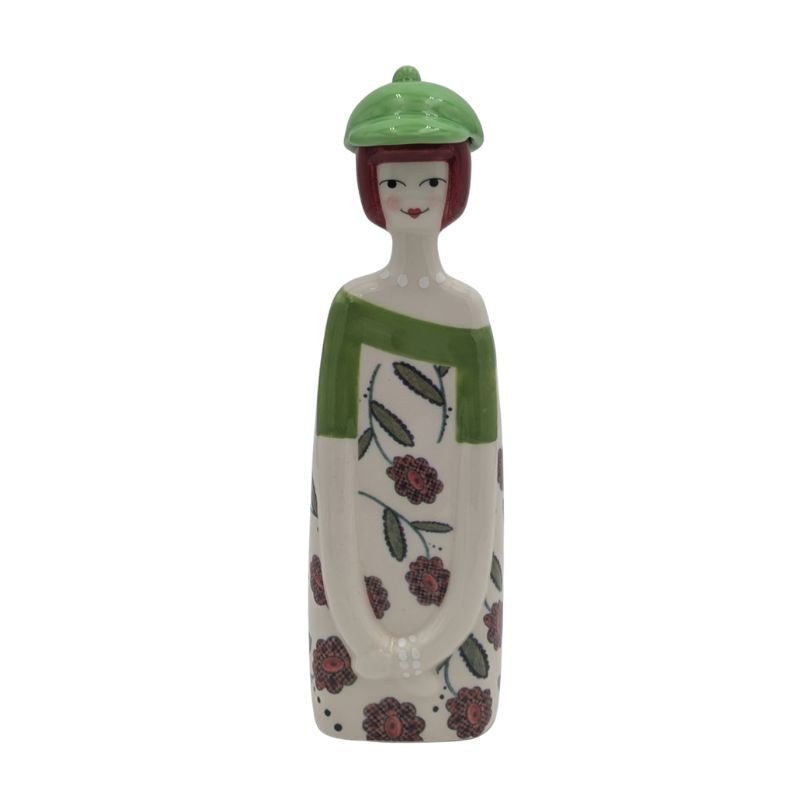 Handcrafted Italian ceramic figurine in floral patterned dress with matching hat, whimsical shelf or tabletop décor