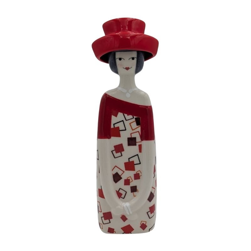 Handcrafted Italian figurine in geometric dress and red hat, whimsical home or shelf décor accent