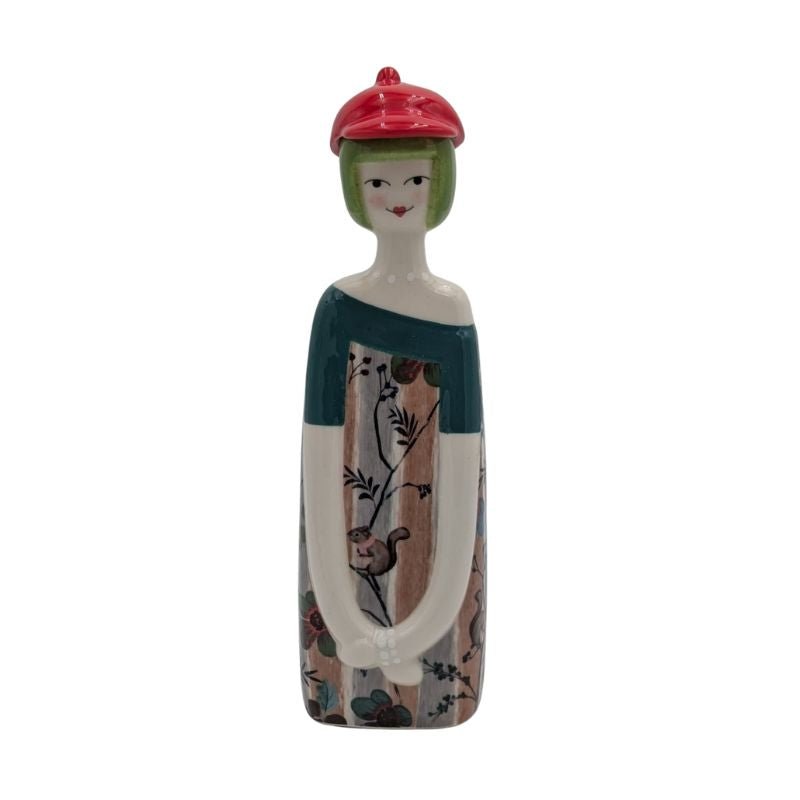 Handcrafted Italian ceramic figurine in squirrel pattern dress with red cap, whimsical shelf or tabletop décor