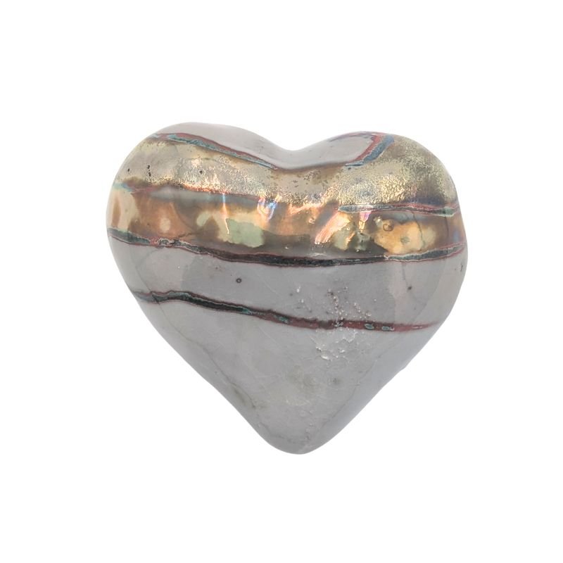 Handcrafted ceramic heart with metallic gold, copper, and silver stripes finished in an iridescent glaze, one-of-a-kind art piece.