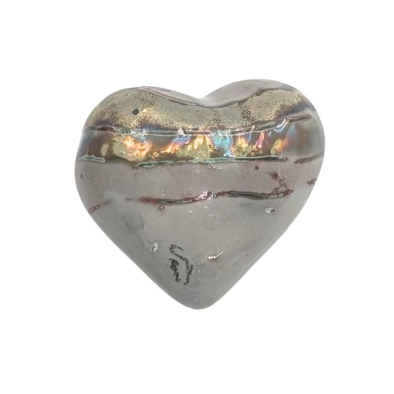 Handcrafted ceramic heart with metallic gold, copper, and silver stripes finished in an iridescent glaze, one-of-a-kind art piece.