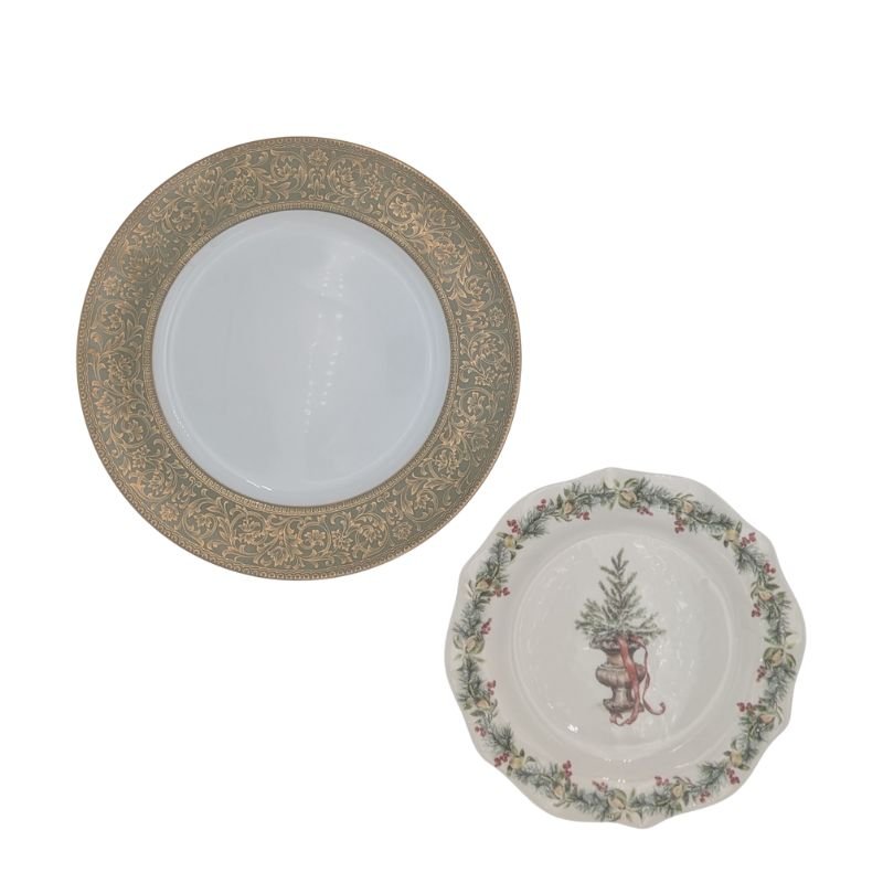 Two-tiered vintage china server made from gold filigree and Christmas garland plates with gold handle, perfect for holiday entertaining