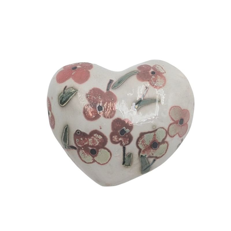 Ceramic heart with turq and deep rose floral design and iridescent glaze by Paola Staccioli.