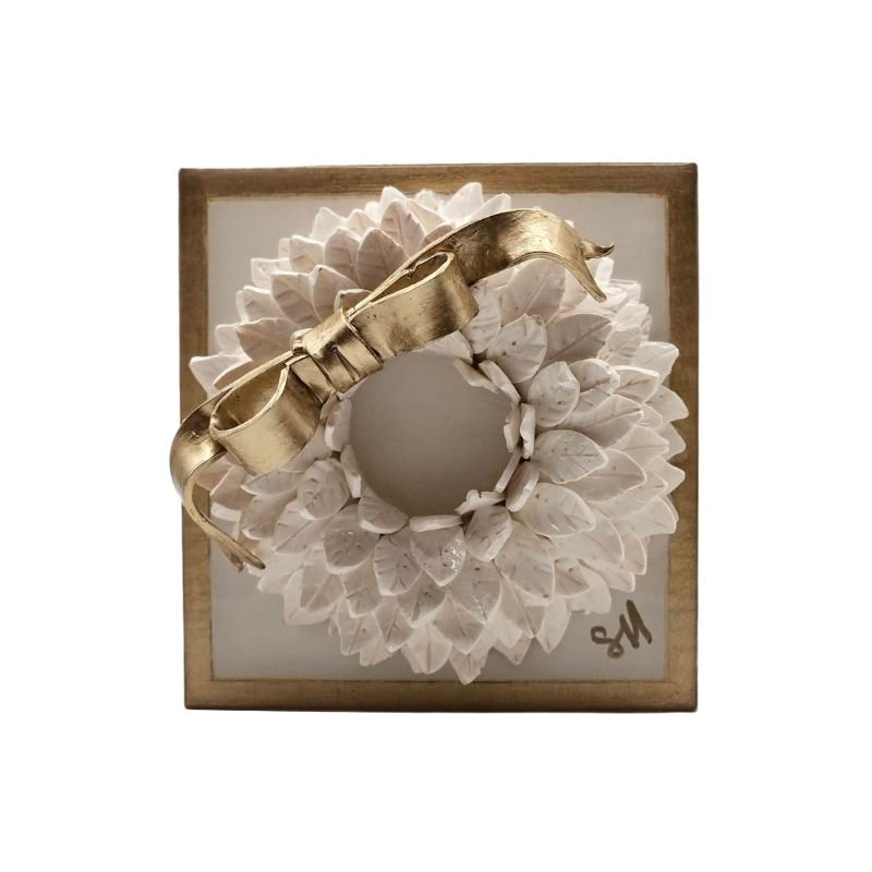 Handcrafted white wreath with gold bow sealed in resin on a white-painted hardwood base, wall-hanging hardware included.