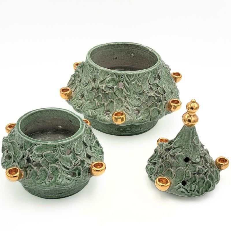 Ceramic green Christmas tree with gold ornaments showing three pieces separately