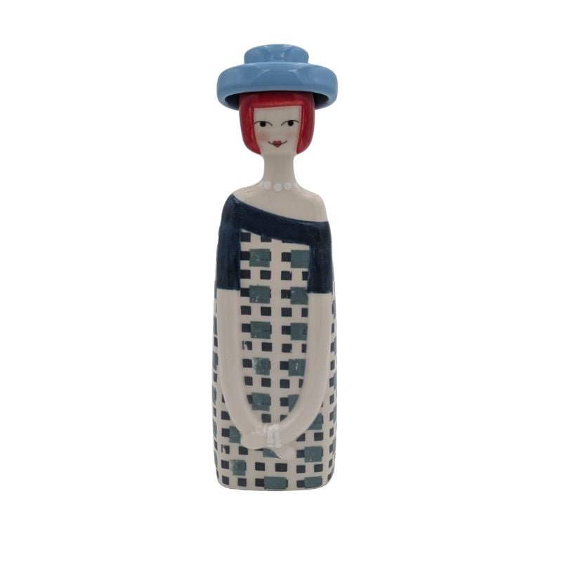 Handcrafted Italian ceramic figurine in geometric patterned dress with blue hat, whimsical shelf or tabletop décor
