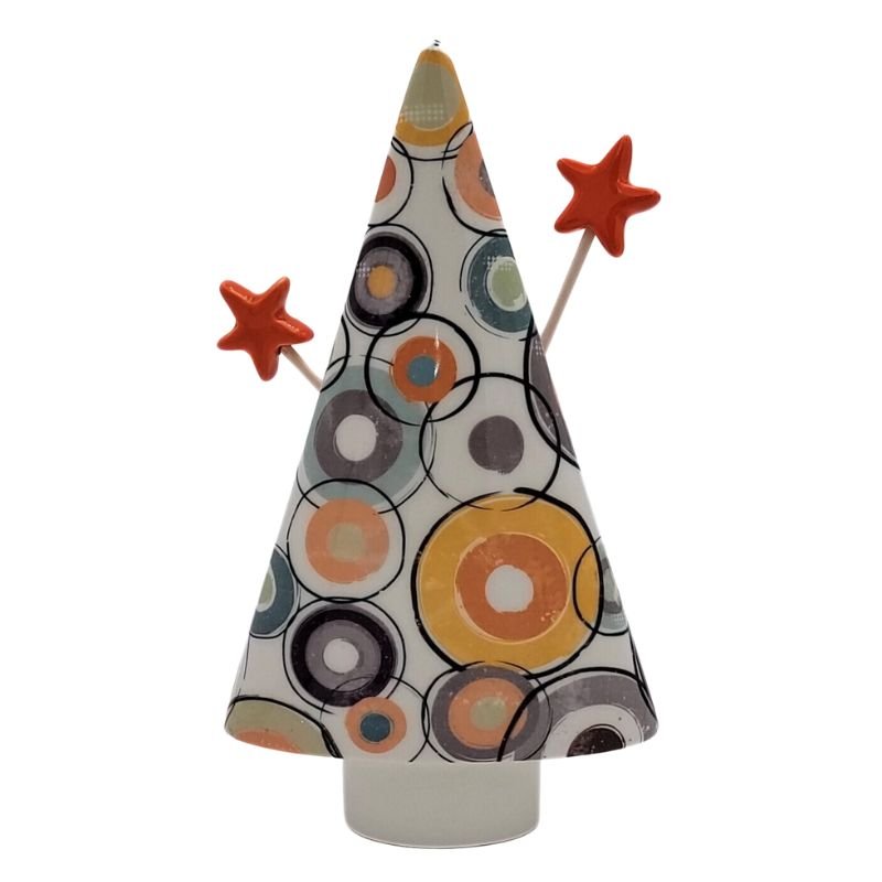 Christmas tree shaped ceramic diffuser with colorful geometric shapes and diffuser sticks with ceramic stars on top